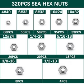 SAE Hex Nuts Assortment Kit, 320 PCS 304 Stainless Steel Assorted Hardware Nuts Sets, 10 Sizes-4#40 6#32 8#32 10#24 10#32 12#24 1/4"-20 5/16"-18 3/8"-16 1/2"-13