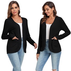 TownCat Women's Elegant Casual Cardigan Thin Cardigan with Pockets Women's Lightweight Cosy Open Front Long Sleeves Outdoor Breathable Black XL, black