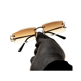 Street Knitted Men Women Stylish Narrow Rimless Light Brown Gradient Tinted Lens Rectangular Gold Frame Shades 90s Rectangular Slim Small Frameless Retro Trendy Hip Hop Square Unisex Sunglasses,