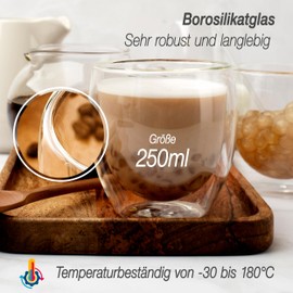 NORDIC SCHILLER Double-walled coffee glasses, latte macchiato glasses, double-walled, 2 x 250 ml, ideal as thermal glasses, double-walled for cappuccino, coffee glasses, tea glasses