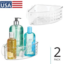 iDesign Plastic Suction Cup Corner Shower Bathroom Storage, Set of 2, Clear, Made in USA Basket