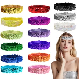 SAIIURV 20 Pieces Sequin Headband Elastic Sparkly Adjustable Size Disco Bling Sport Head Band for Women, Fashion Glitter Shiny 70s Hair Accessories for Dance Party (20PCS, M)