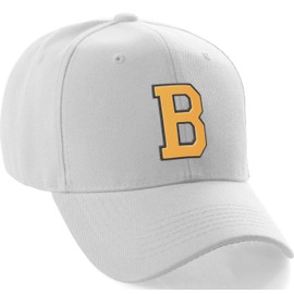 Classic Baseball Hat Custom A to Z Initial Team Letter, White Cap Black Gold Letter B