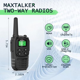 MaxTalker Walkie Talkies Long Range for Adult, MT10 Rechargeable Walkie Talkies FRS Two Way Radio, NOAA, 1200mAh Li-ion Battery USB-C Cable, LED Flashlight, VOX Walkie Talkie for Hiking Camping 2Pack