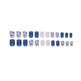 Short Press on Nails Square Fake Nails with Leopard Designs Blue Full Cover Acrylic Nails Simple Reusable Glue on Nails Short Glossy Stick on Nails for Women 24 Pcs