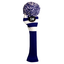 Majek Sand Wedge (SW) Hybrid Rescue Utility Blue & White Golf Headcover Knit Pom Pom Retro Classic Vintage Head Cover