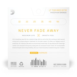 D'Addario Guitar Strings - XS Phosphor Bronze Coated Acoustic Guitar Strings - XSAPB1256 - Maximum Life with Smooth Feel & Exceptional Tone - For 6 String Guitars - 12-56 Light Top/Medium Bottom