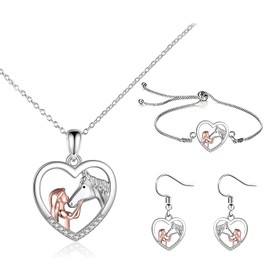 LOCCY Horse Necklace Horse Bracelet Set, Horse Gifts for Girls, Horse Pendant Necklace Jewellery, Silver Girls and Horse Necklace for Girls, Horse Things for Girls Horse Lovers, Metal