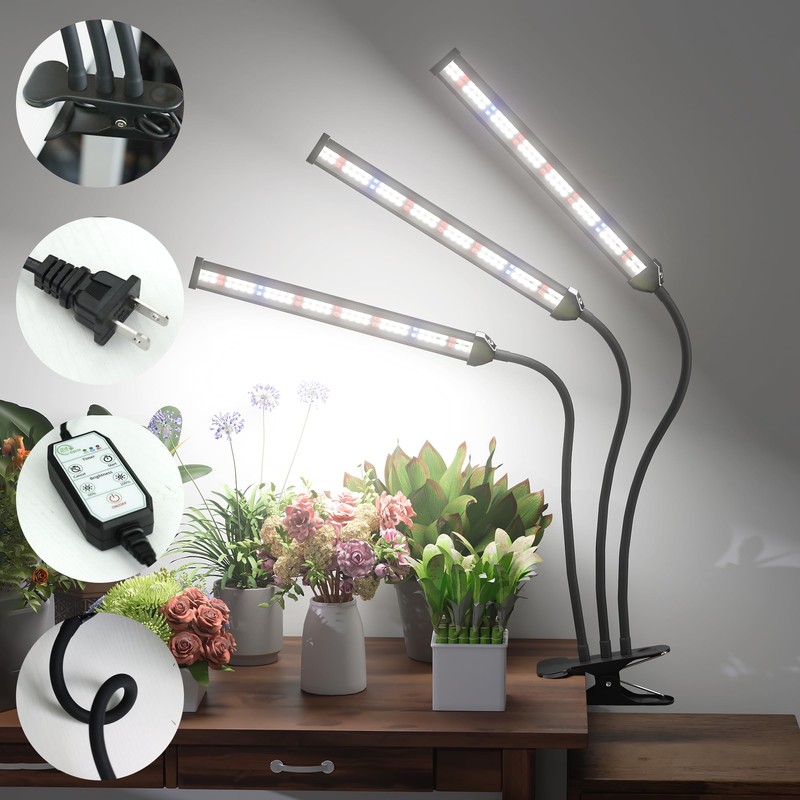 GooingTop Grow Light LED Gooseneck Lamp,Triple-Head Full Spectrum 222 LED