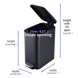 HILFA 5 Liter/1.3 Gallon Compact Stainless Steel Rectangular Step Trash Can, Bathroom and Kitchen, Matte Black, SB3200-MB