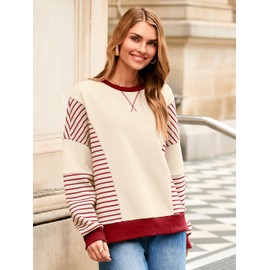 Glamaker Womens Crewneck Sweatshirt - Striped Color Block Drop Shoulder Loose Sweatshirts Pullover Tunic Tops Fall Outfits