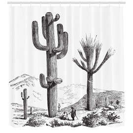 Ambesonne Cactus Shower Curtain, Sketchy Hand Drawn Print of Desert Plants with Mexican Travellers Image, Cloth Fabric Bathroom Decor Set with Hooks, 70" Long, Charcoal Grey