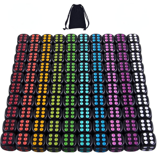 SIQUK Dice Set of 100 Rounded Corner Black Dice 16 mm with Colourful Pips for Tenzi Farkle Yahtzee Bunco or Math Lessons with Free Storage Bag