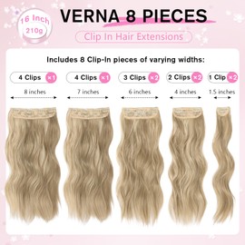 Hair Extensions for Women, 8PCS 16 Inch Ash Blonde Mixed Light Blonde Clip in Hair Extensions Clip Ins, Synthetic Wavy Full Head Thick Hairpieces for Women