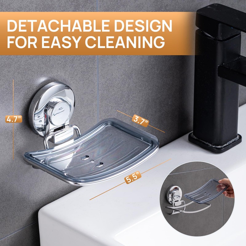 LEVERLOC Chrome Suction Cup Soap Dish Holder for Shower Wall