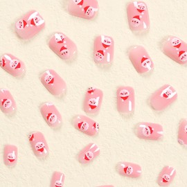 CEWEWP Christmas Press on Nails Short Square Fake Nails Pink Santa Claus Designs Xmas False Nails Cute Christmas Glue on Nails Short Acrylic Nails for Women 24 Pcs