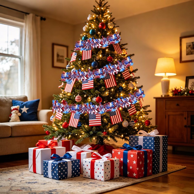 Garland Patriotic Decor Red White Blue Metallic Tinsel with Stars