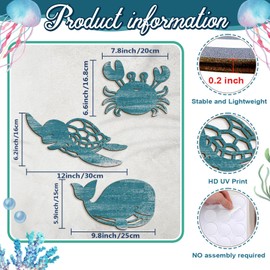 Kas Home 3Pcs Sea Animal Wall Decor - Turtle, Crabs & Whale | Wood Marine Life Sculpture, Watercolor Beach Theme for Children's Room, Nursery, Bathroom, Bedroom, Ready to Hang (Blue-Turtle, 8.6" x