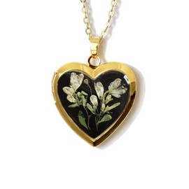 Handmade Dryed Pressed Flower Heart Shaped Photo Locket Pendant Necklace (Gold, White on Black)