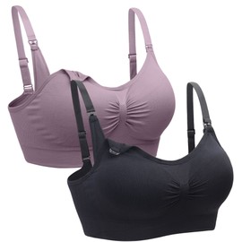 Suekaphin 2PACK Nursing Maternity Bra for Pregnancy Women Breastfeeding Comfortable Sleeping with Extenders,PurpleBean+Black,X-Large