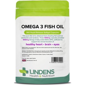 Lindens Lindens Omega 3 Fish Oil 1000mg Capsules - 360 Pack - UK Manufacturer - 1050mg Omega 3 Fatty Acids DHA & EPA Per 2 Capsules | Supports Normal Function of Heart, Brain & Eyes - Letterbox Friendly