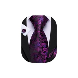 Barry.Wang Purple Tie for Men Floral Silk Necktie Pocket Square Cufflinks Set Formal Business Wedding Party Prom