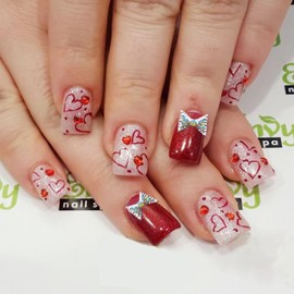 24Pcs Heart Press on Nails Short Square Fake Nails Valentines Day Press ons 3D Bow Rhinestones Glue on Nails Hollow Out Love Hearts Charms False Nails Red Glitter Wedding Artificial Acrylic Nails Kit