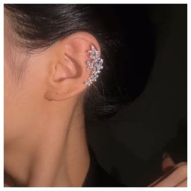 Inilbran Boho Crystal Pearl Ear Cuff Wrap Earring Silver Rhinestone Butterfly Cartilage Cuff Earrings Vintage Pearl Ear Cuff Climber Earrings Bling CZ Pearl Helix Earrings (Left), Crystal