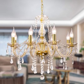 Gold Color Luxurious Candle Crystal Chandelier, 8 Lights K9 Modern Crystal Chandelier for Dining Room, Glass Ceiling Pendant Lamp for Living Bedroom Lighting Hall Balcony (8 Lights, Gold)