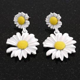 Matt White/Yellow Double Daisy Flower Drop Earrings - 40mm L