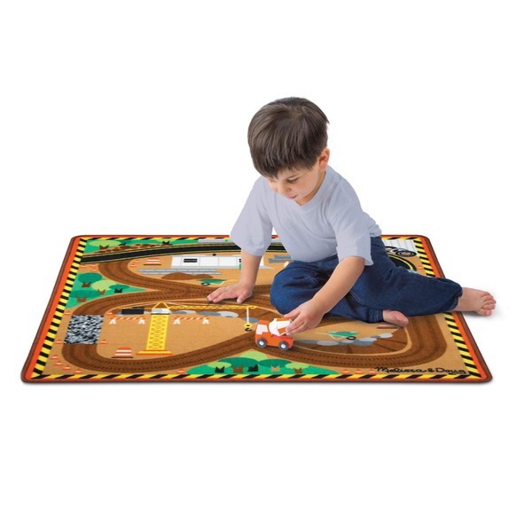 Melissa & Doug Round the Construction Zone Work Site Activity Play Rug With 3 Wooden Trucks (39" x 36")