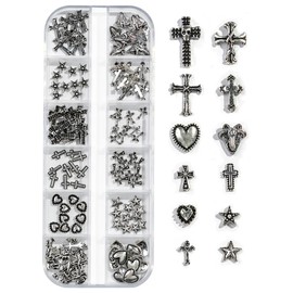 Cross Nail Charms,12Grids 3D Silver Goth Nail Gems,Vintage Metal Alloy Cross Star Heart Nail Charm Rhinestones Studs for Women Girls Manicure Design