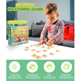 Protado Wooden Match Memory Game for Kids, 24Pc Memory Matching Cards with 5Pc Tattoo Stickers, Educational Memory Matching Game for Pre-Kindergarten Early Learning Development Kids (Delicacy)