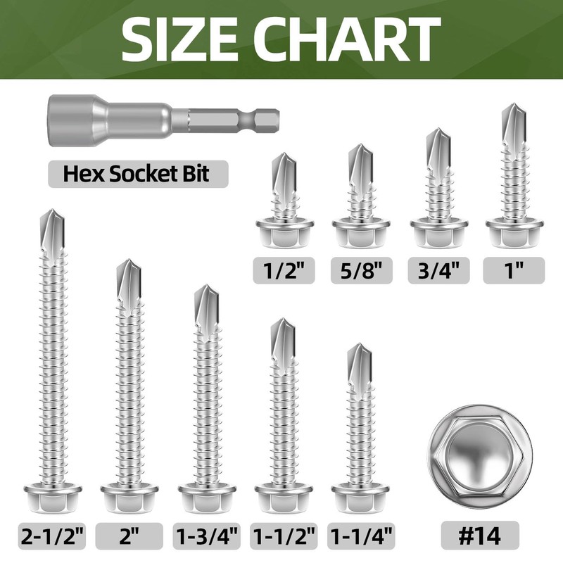 #14 x 1-1/2" Sheet Metal Screws, 100 PCS Hex Washer