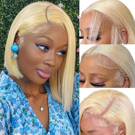 Blonde Bob Wig Human Hair 180 Density 12 Inch Straight 613 Bob Wig Human Hair 13x6 HD Lace Frontal Wigs, 100% Real Human Hair 613 Glueless Wigs Pre Plucked With Baby Hair Natural Look For Beginners