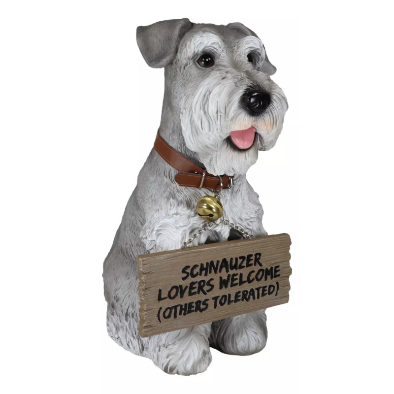Adorable Grey Schnauzer Dog Sitting With Jingle Collar Greetings Sign