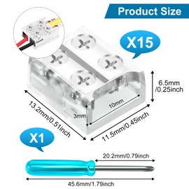 RGBZONE 15 Pcs 2 Pin 10mm LED Strip to Wire Connectors Transparent Gapless Solderless LED Connector with Screwdriver for 12V 24V COB/SMD Single Color LED Light Strips