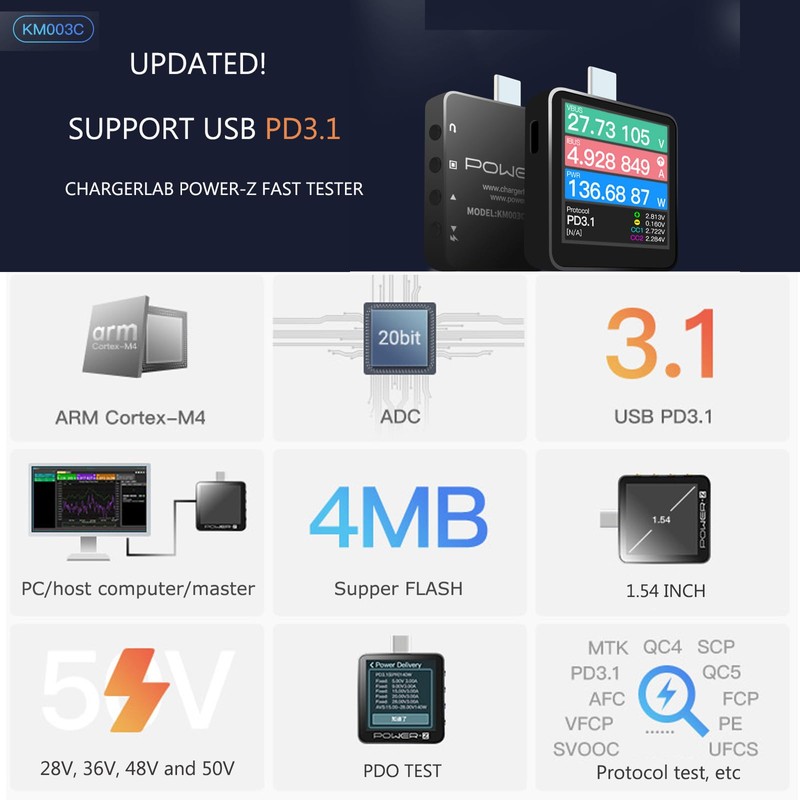 Power-Z KM003C Portable USB-C Fast Charging Tester +USB Handline PD3.1