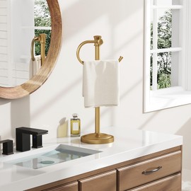 BESy 17 Inch Brushed Gold Stand Towel Bar Hanger Hand Towel Bar Bathroom Vanity Countertop Towel Holder Free Standing Stainless Steel Towel Ring Hardware Accessories Towel Rack