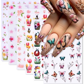 Flower Nail Art Stickers Spring Summer Nail Stickers for Nail Art Butterfly Bee Nail Decals Animal Flower Theme Self-Adhesive Nail Art Supplies Manicure Flower Stickers for Women Nail Decor 6 Sheet
