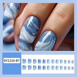 FOXIIU Press on Nails Square Short Blue Glossy Full Cover Acrylic Short Square Shaped False Nails with White Clouds Designs Artificial Fake Nails with Glue Stick on Fingernails for Women