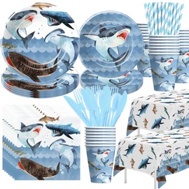 YJRJSC Shark Birthday Decorations Tableware - Shark Birthday Party Supplies, Paper Plate, Cup, Napkin, Tablecloth, Cutlery, Ocean Under The Sea Shark Theme Birthday Party Decorations | Serve 24