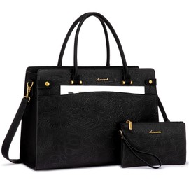 LOVEVOOK Laptop Tote Bag For Women Work, Vintage Leather Computer Bags For Laptops For Women, Waterproof Laptop Bag Business Briefcase Office Large Shoulder Handbag Purse, 15.6 Inch, Black Embossed