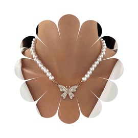 Aneneiceera Boho Crystal Butterfly Pearl Choker Chain Gold Pave Rhinestone Butterfly Pendant Necklace Baroque Pearl Beads Strand Choker Necklace Charm Aesthetic Jewellery for Women, Metal Material,
