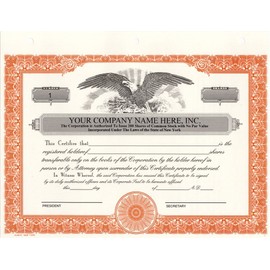 Custom Printed Corporate Stock Certificates, HUBCO, Orange, 20-Pack