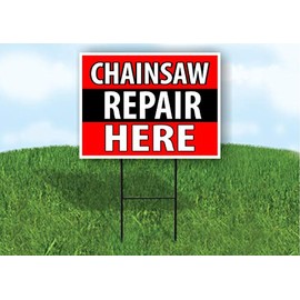 CHAINSAW REPAIR HERE BLACK STRIPE - Double Sided Yard Sign ROAD SIGN with Stand