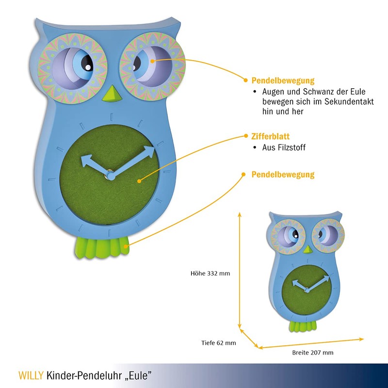 TFA Dostmann Willy 60.3052.06 Silent Owl Shaped Wall Clock for