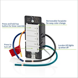 Leviton DT204-1LW Countdown Switch for lights, attic, heaters, pool pumps, 30 min, 1-2-4 hour, Neutral Wire Required, 20A, 1 HP/16A Fan/Motor, Single Pole, Multi-Way or Multi-Timer, White
