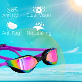 Lychico Swimming Goggles (2 Pack), Long-lasting Anti Fog Swimming Goggles for Adult Men Women, No Leakage with Nose Clip Earplugs, Black/Purple