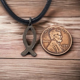 FORGIVEN JEWELRY Fish Jesus Ichthus Pewter Gunmetal Finish Black Cord Necklace